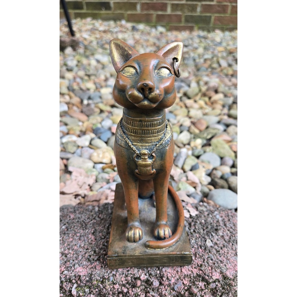 VTG Egyptian Cat‎ Statue Bastet Figurine Bronze Tone Collar Detail Collectible